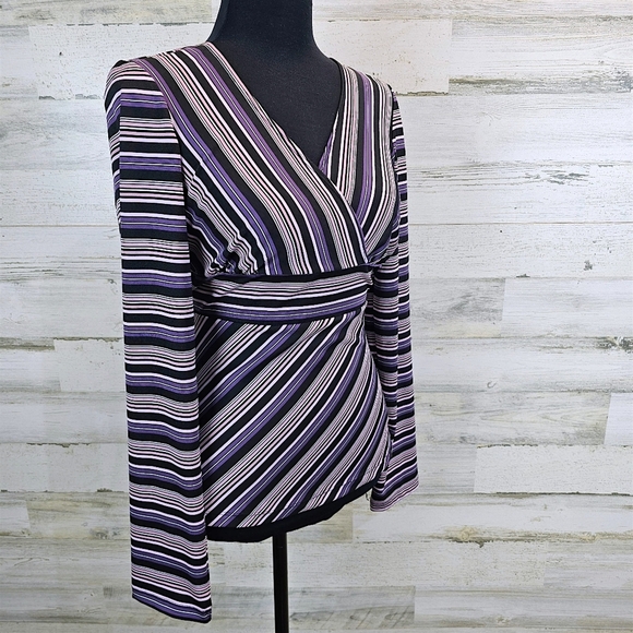 Y2K My Michelle Striped Wrap Top Long Sleeve V-Neck Retro Stretch Blouse Large - Picture 5 of 14